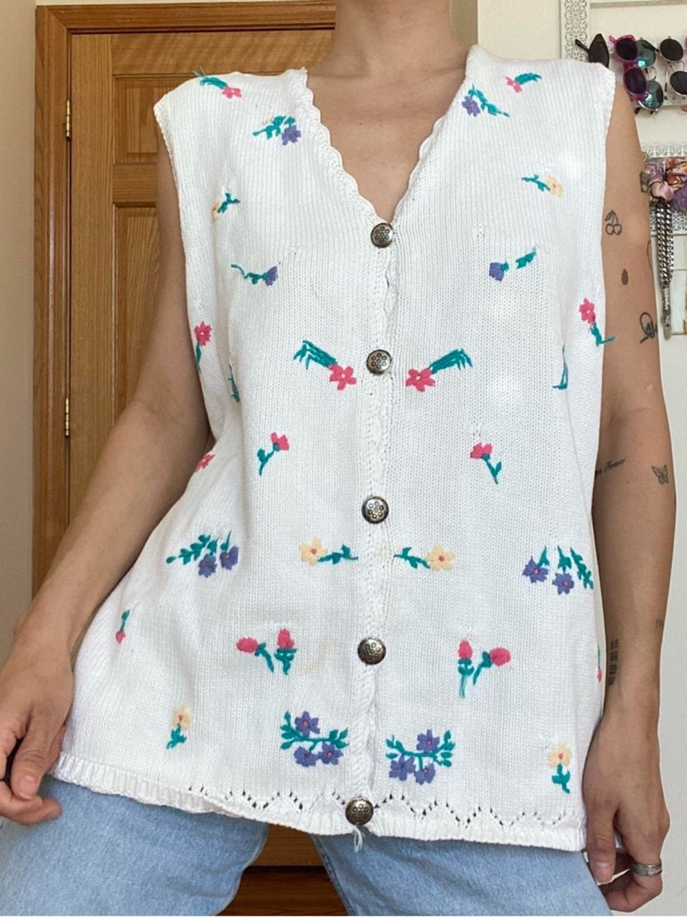 Vintage Knit Vest - 100% Cotton button Front Sleeveless Top w/ Floral Embroidery